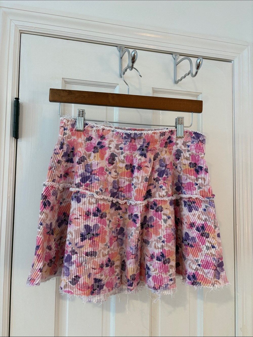 LoveShackFancy waffle knit distressed floral skirt